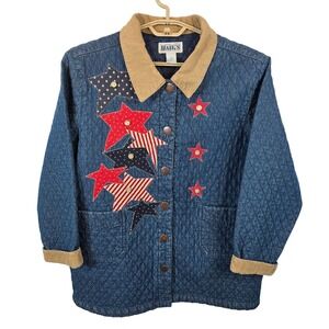 Haiks Denim Quilted Star Patch Jacket Women's 1X Corduroy Collar Patriotic /R50